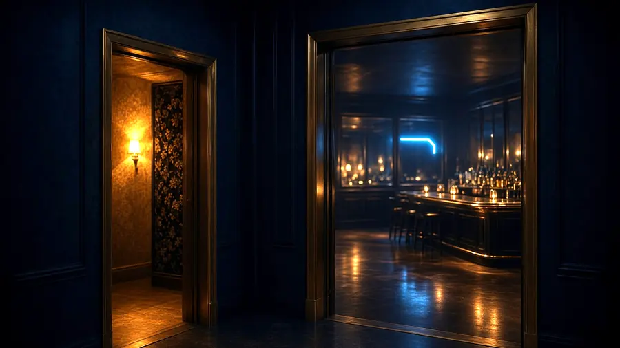 Two lit doorways off a dim corridor, choosing between two adult club near me venues
