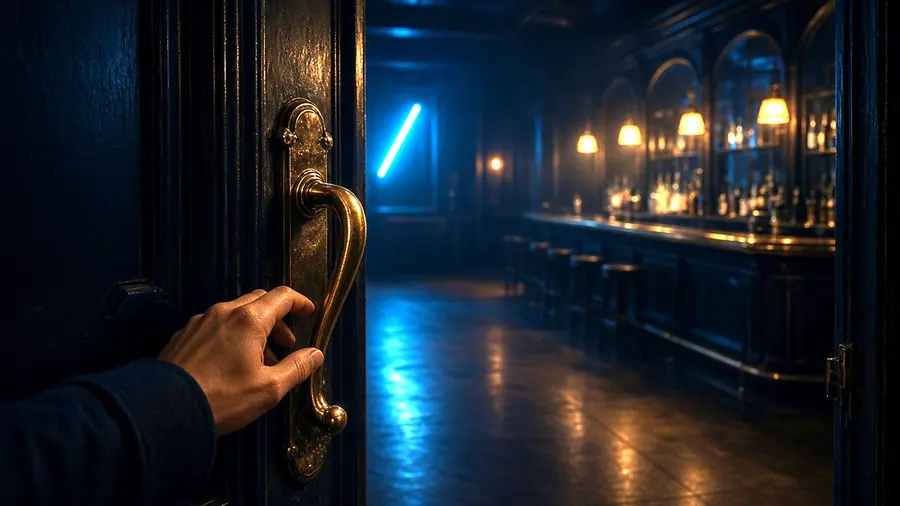 Hand on a club door handle at night, arriving at a adult club near me venue