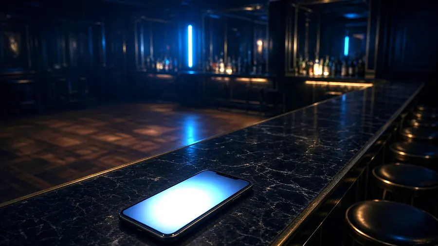 Phone on a bar counter showing a club listing while comparing adult club near me