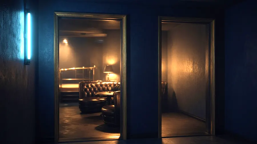 Two lit doorways off a dim corridor, choosing between two gentlemen's club near me venues