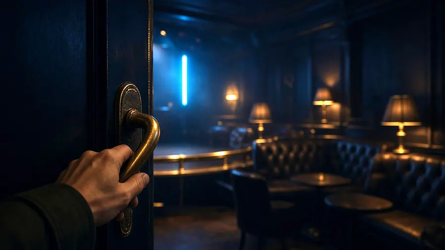 Hand on a club door handle at night, arriving at a gentlemen's club near me venue