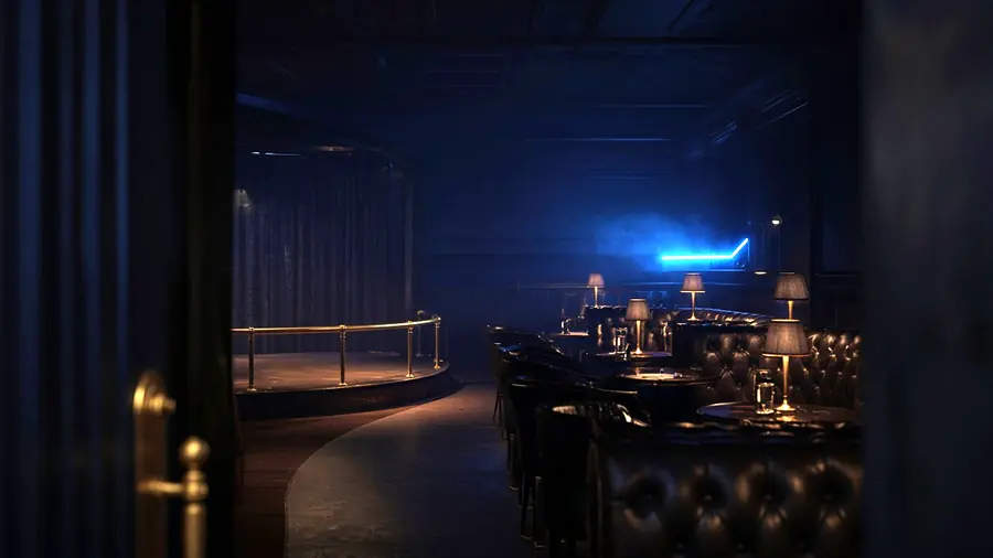 Empty club room lit for the evening, the kind of venue listed under gentlemen's club near me