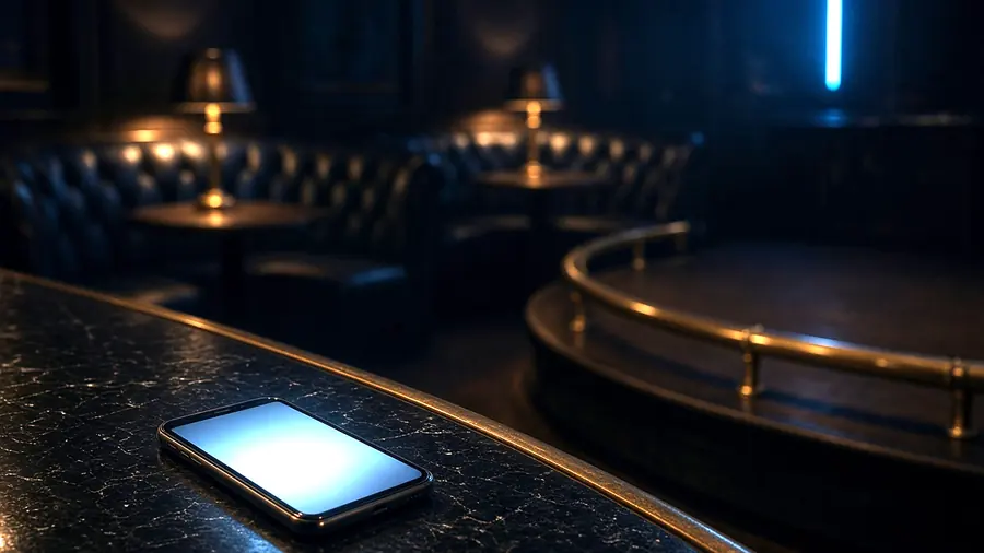 Phone on a bar counter showing a club listing while comparing gentlemen's club near me