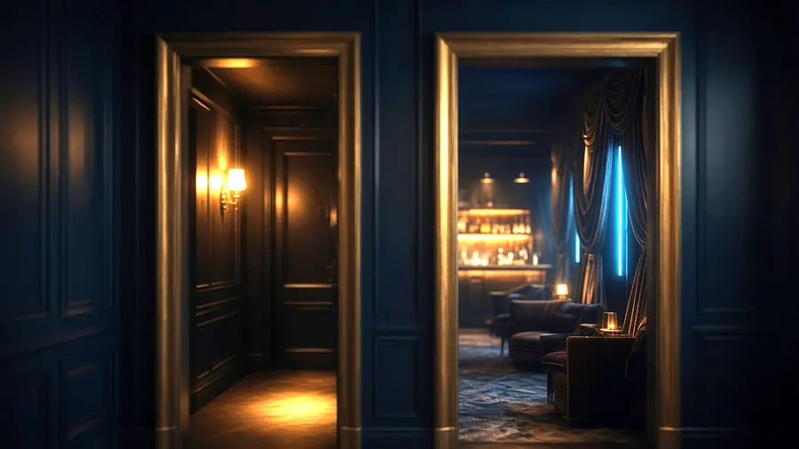 Two lit doorways off a dim corridor, choosing between two sex club near me venues