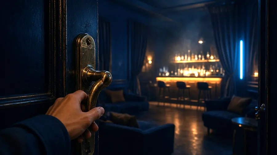 Hand on a club door handle at night, arriving at a sex club near me venue