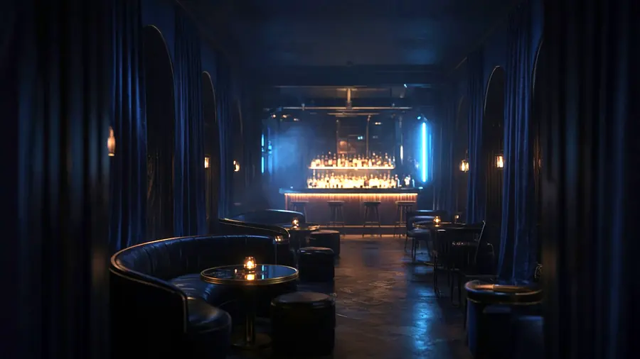 Empty club room lit for the evening, the kind of venue listed under sex club near me