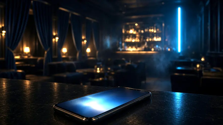 Phone on a bar counter showing a club listing while comparing sex club near me