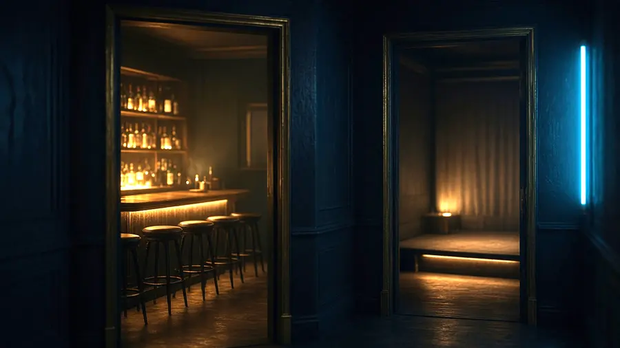 Two lit doorways off a dim corridor, choosing between two strip bar near me venues