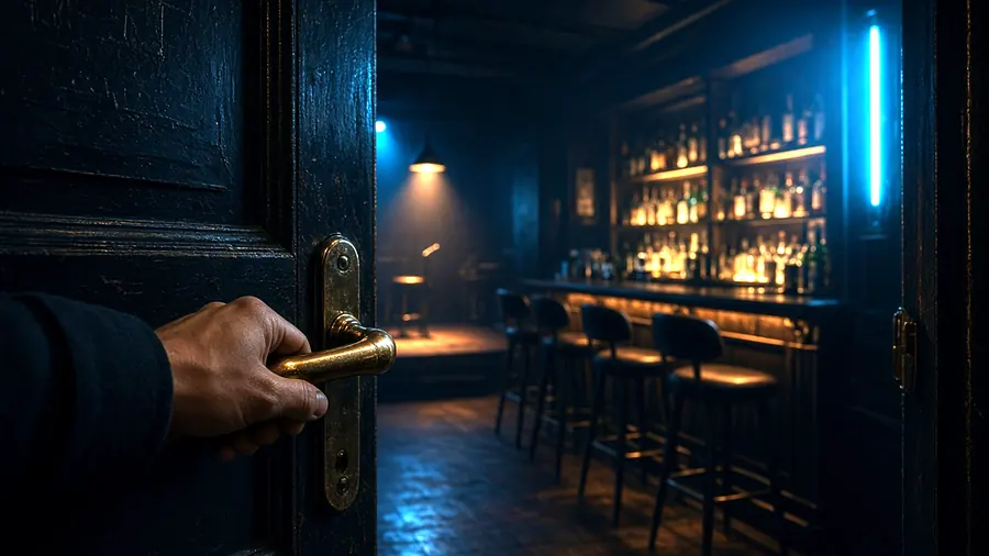 Hand on a club door handle at night, arriving at a strip bar near me venue
