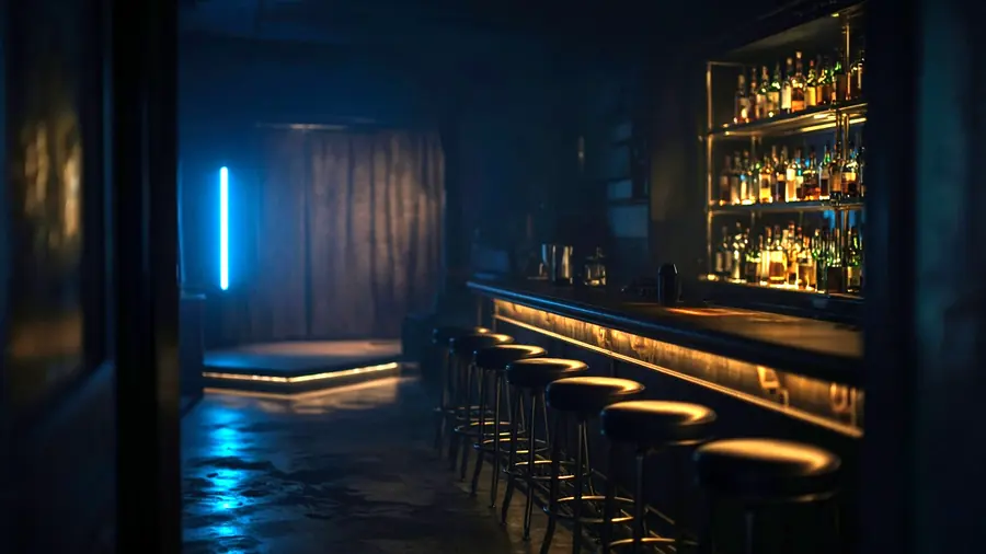 Empty club room lit for the evening, the kind of venue listed under strip bar near me