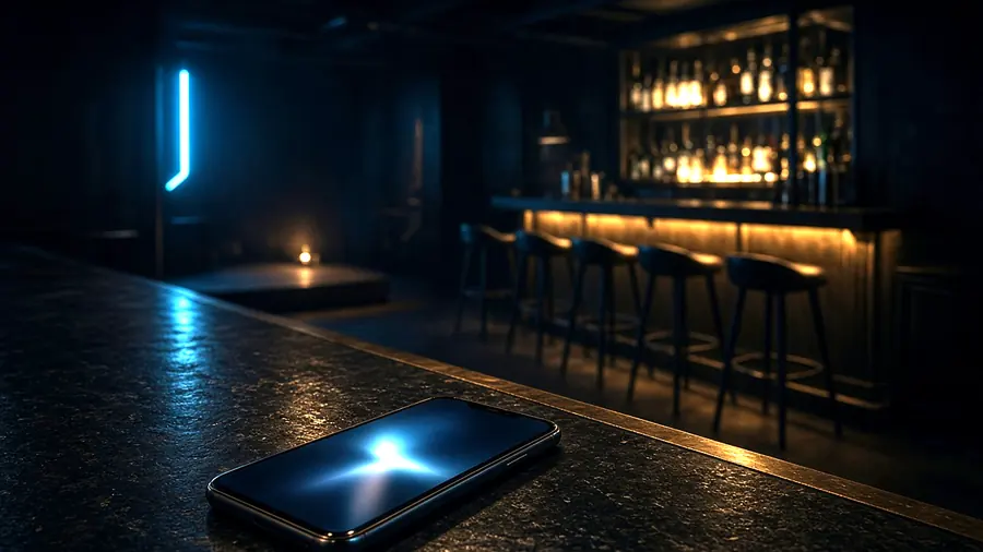 Phone on a bar counter showing a club listing while comparing strip bar near me