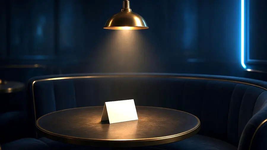 Empty reserved table with a folded card, booth seating around it