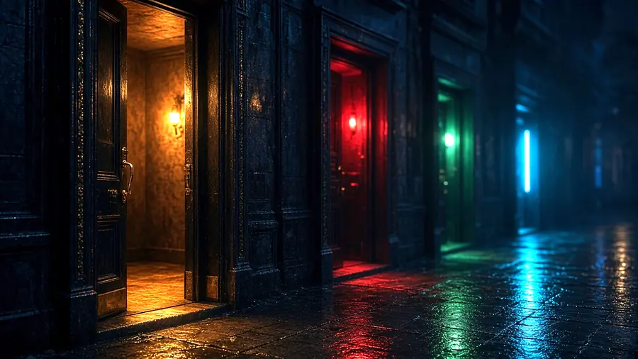 Row of lit club doorways along a wet city street at night