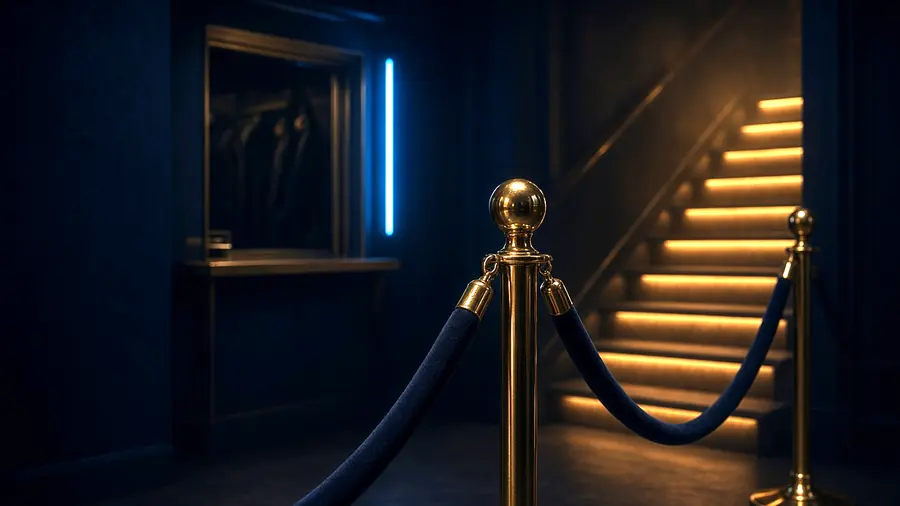 Velvet rope and brass stanchion at the foot of a lit club staircase