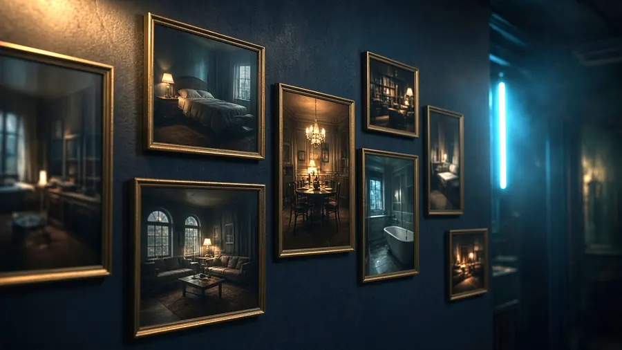 Wall of framed room photographs in a dim club entrance hall