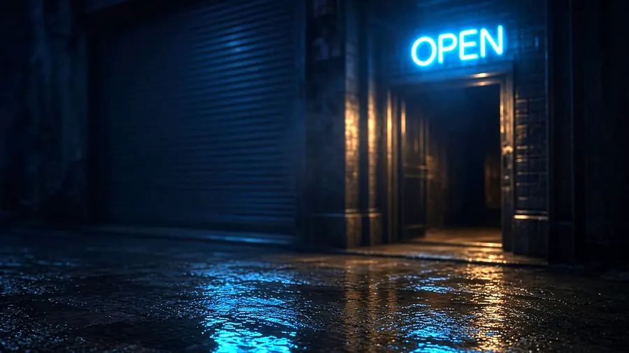Neon open sign reflected in a rain-wet pavement outside a club at dusk