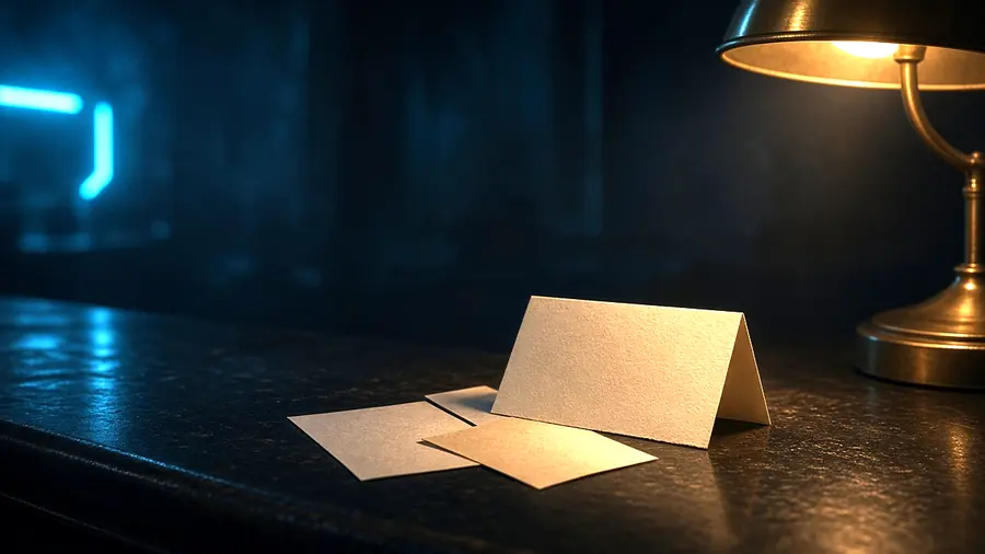 Folded card and notes on a dark bar counter under a single lamp