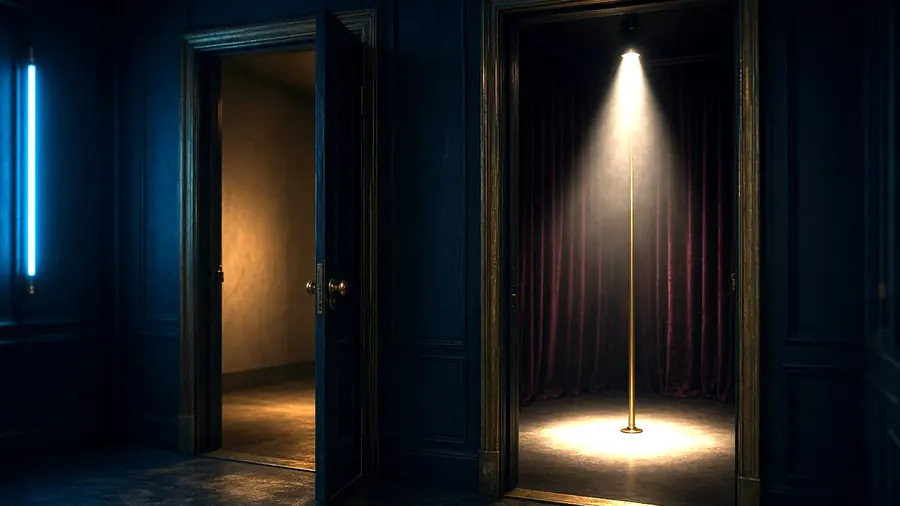 Two lit doorways off a dim corridor, choosing between two strippers near me venues