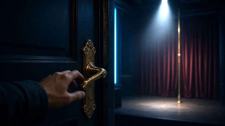 Hand on a club door handle at night, arriving at a strippers near me venue