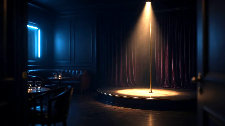 Empty club room lit for the evening, the kind of venue listed under strippers near me