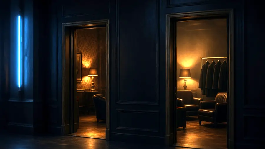 Two lit doorways off a dim corridor, choosing between two swingers club near me venues