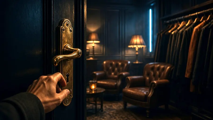 Hand on a club door handle at night, arriving at a swingers club near me venue