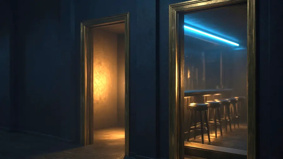Two lit doorways off a dim corridor, choosing between two topless bar near me venues