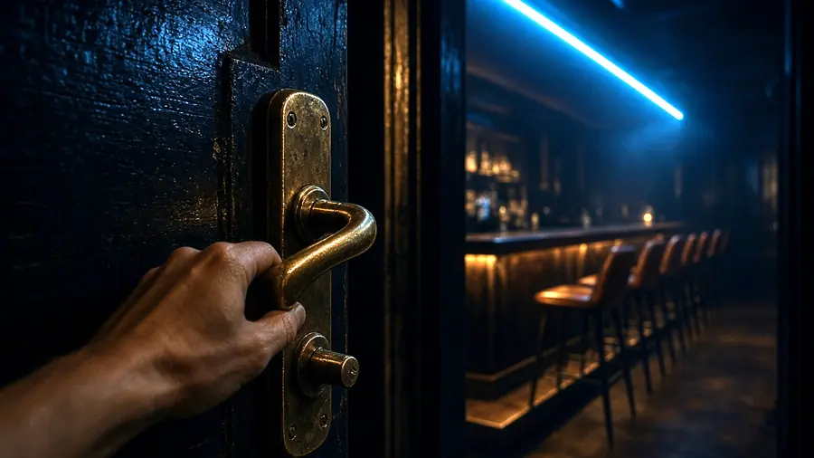 Hand on a club door handle at night, arriving at a topless bar near me venue