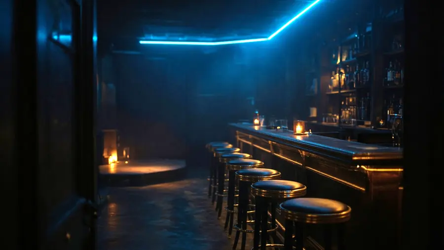 Empty club room lit for the evening, the kind of venue listed under topless bar near me