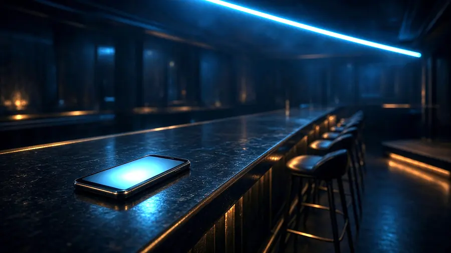 Phone on a bar counter showing a club listing while comparing topless bar near me